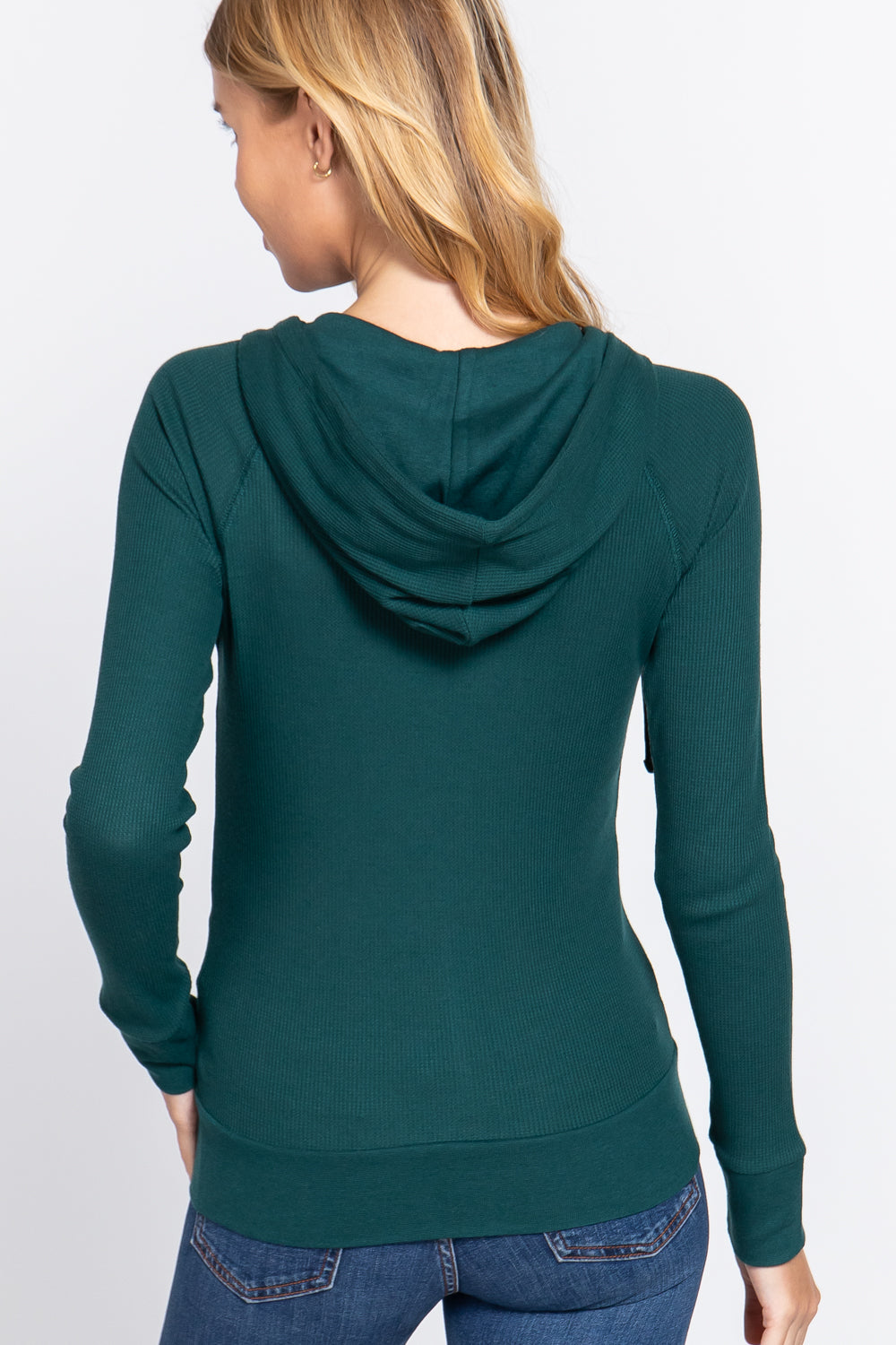 Women's Thermal Hoodie Sweatshirt Jacket Long Sleeve Full-Zip Pockets - Green