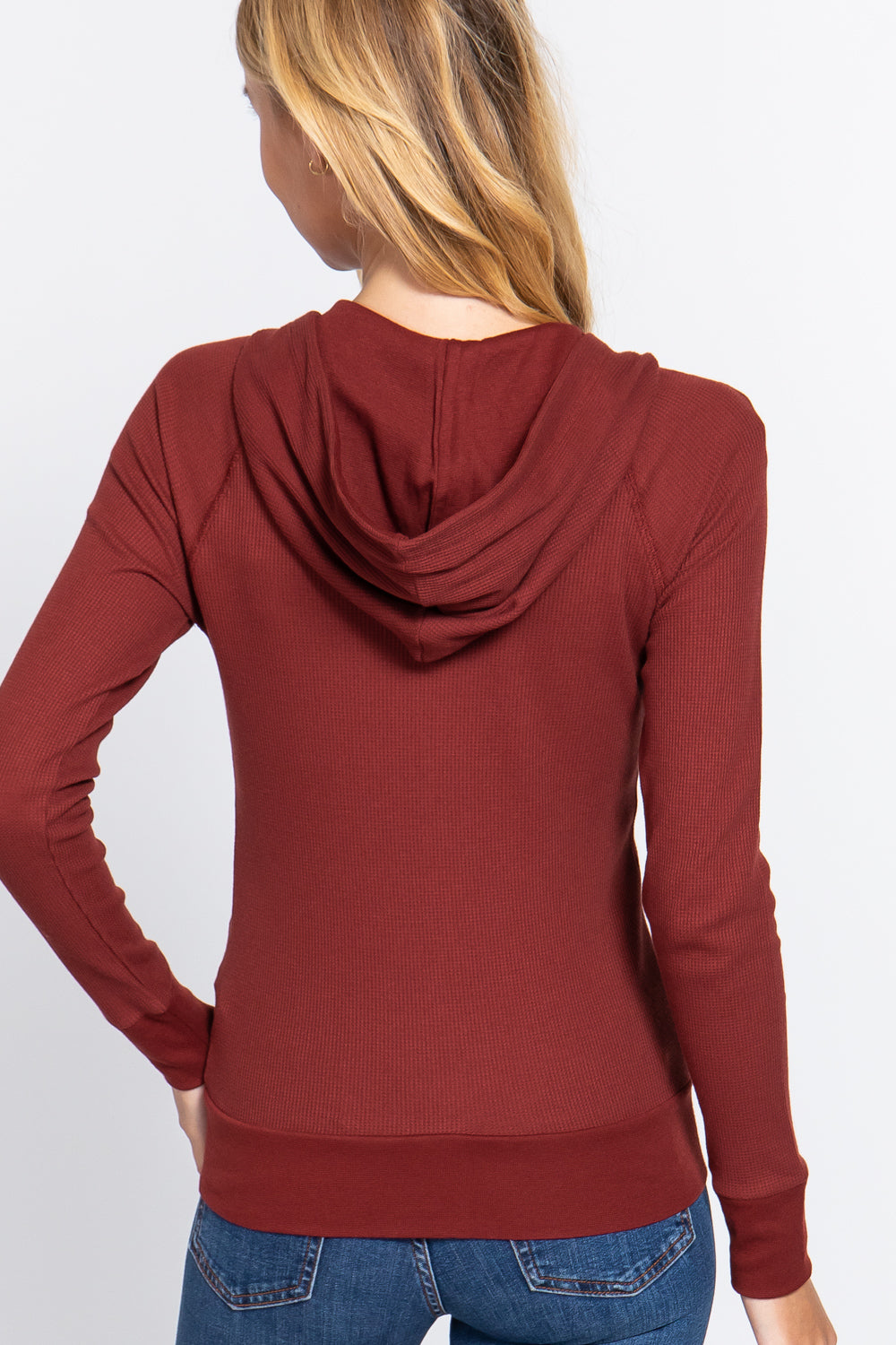 Women's Thermal Hoodie Sweatshirt Jacket Long Sleeve Full-Zip Pockets - Rust