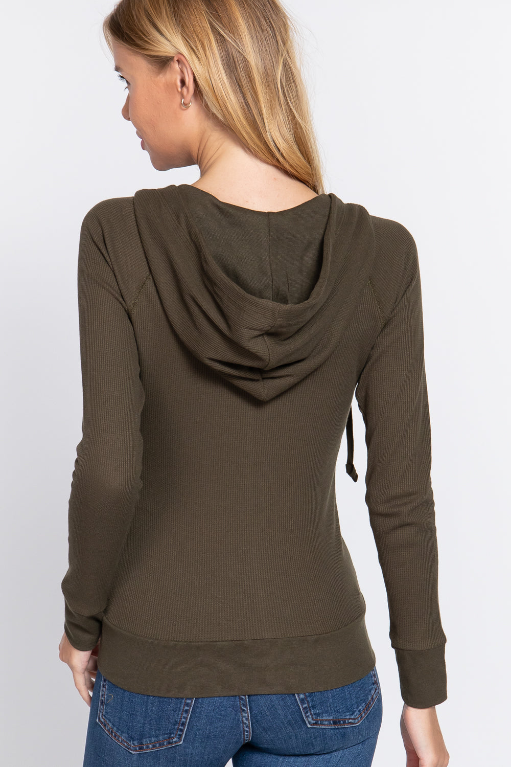 Women's Thermal Hoodie Sweatshirt Jacket Long Sleeve Full-Zip Pockets - Olive