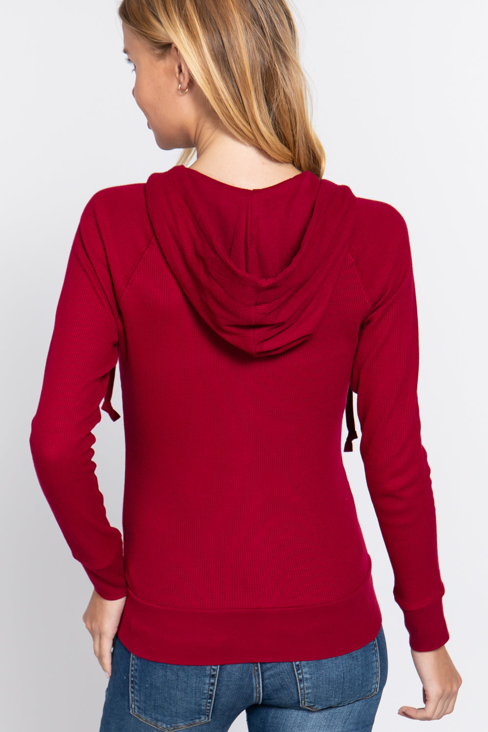 Women's Thermal Hoodie Sweatshirt Jacket Long Sleeve Full-Zip Pockets - Wine