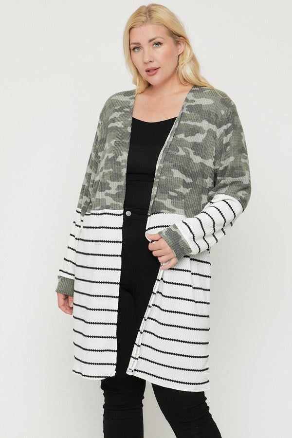 Women's Open Front Cardigan Long Sleeves Silhouette Rayon Print-striped Top