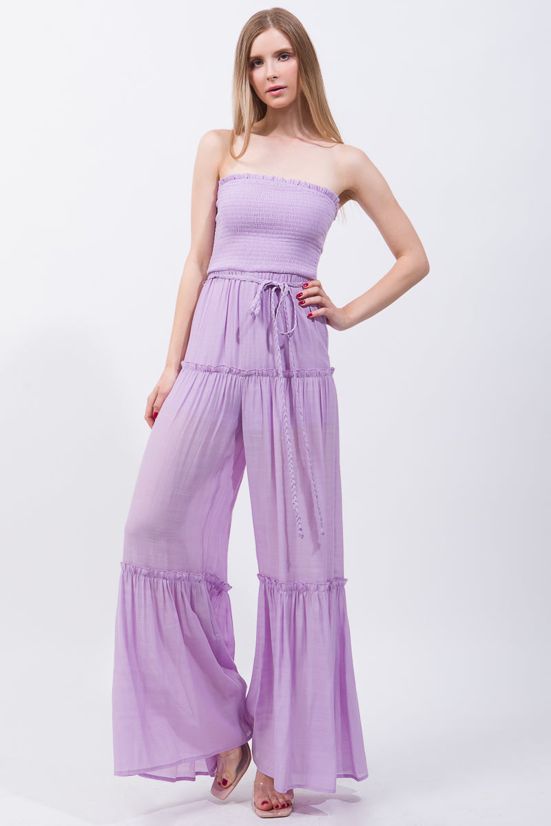 Women's Strapless Woven Solid Sleeveless Top Smocked Ruffle Jumpsuit - Lilac