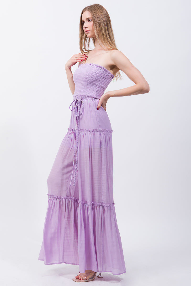Women's Strapless Woven Solid Sleeveless Top Smocked Ruffle Jumpsuit - Lilac