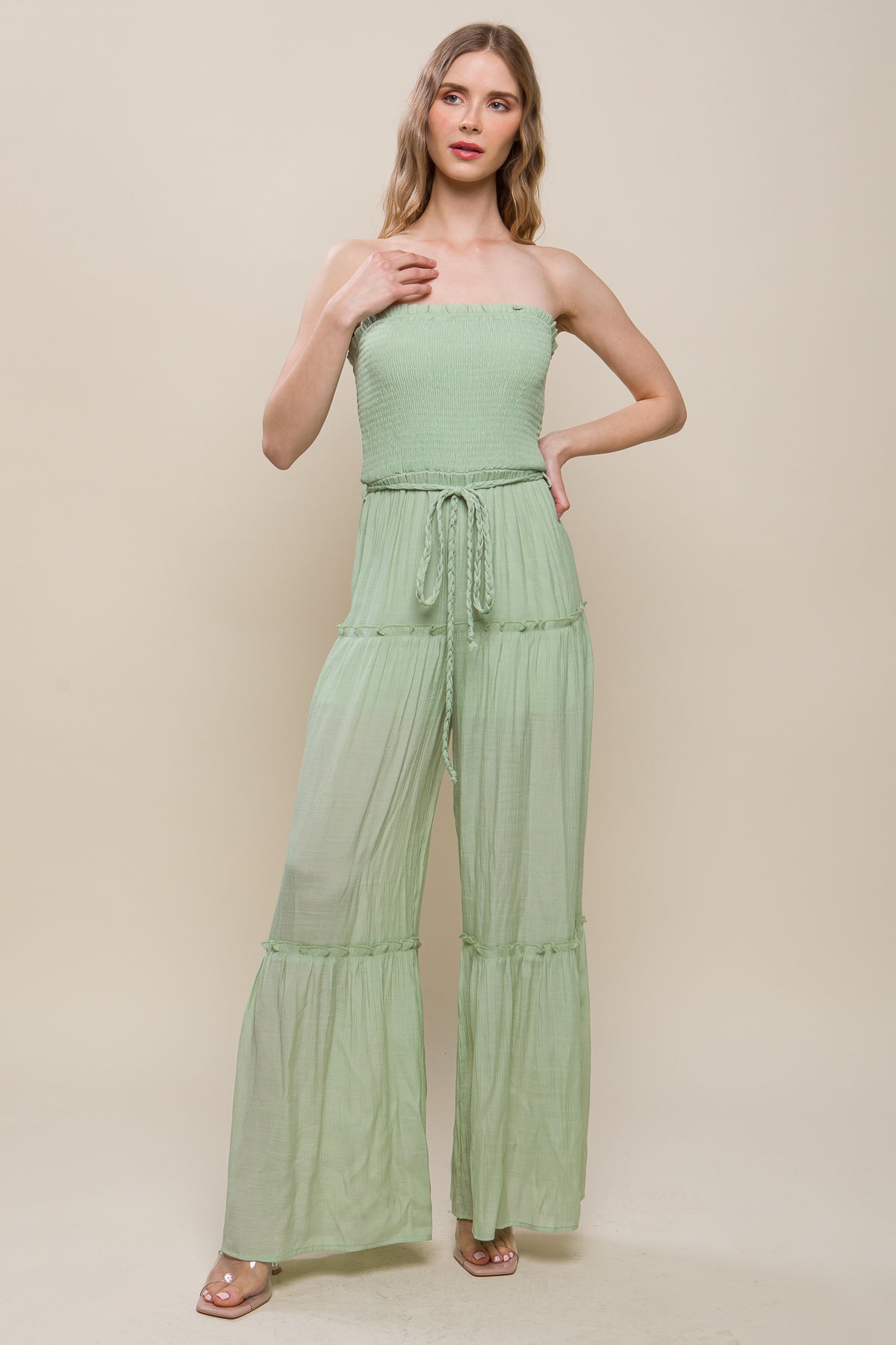 Women's Strapless Woven Solid Sleeveless Top Smocked Ruffle Jumpsuit - Celery