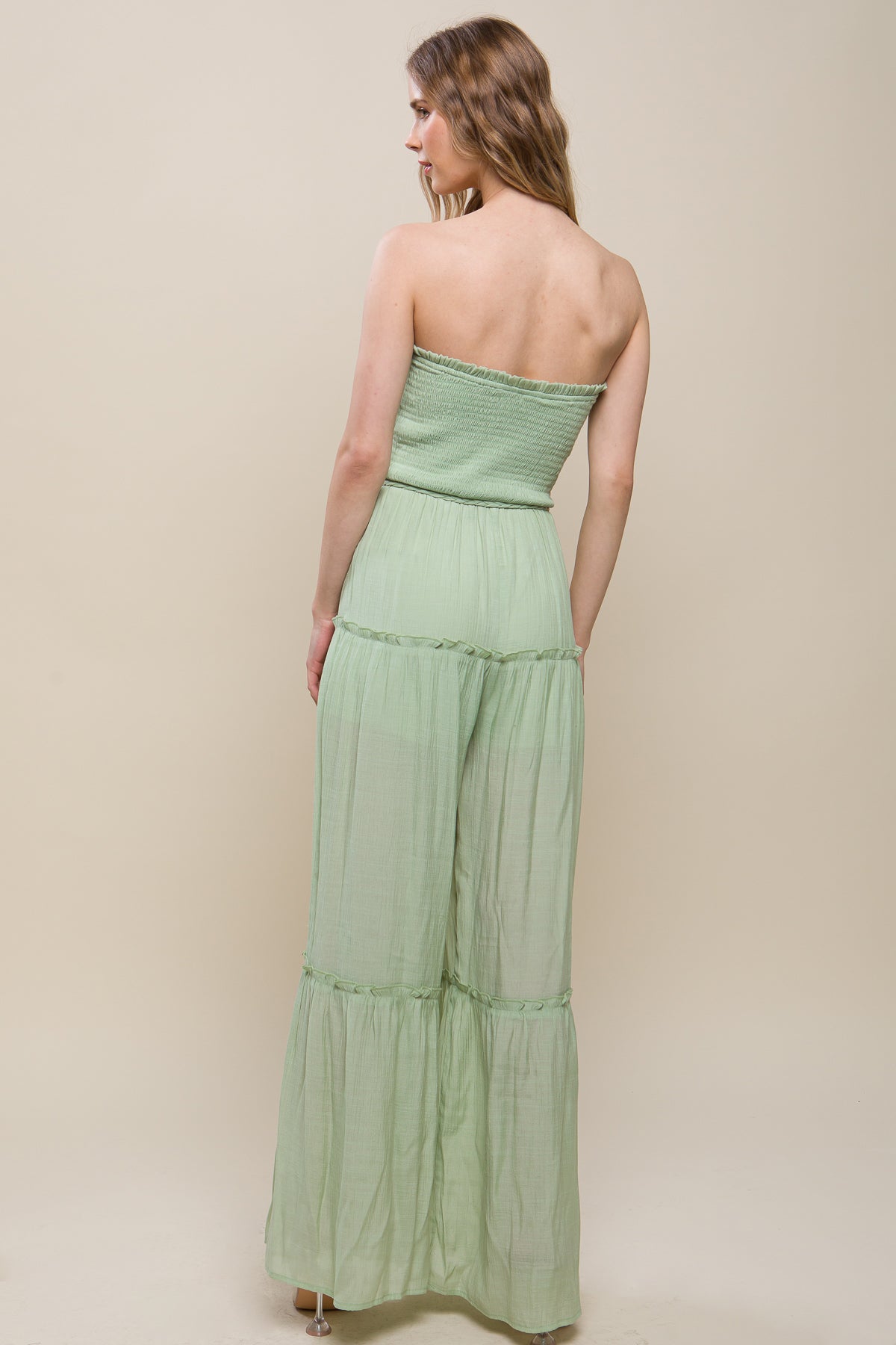 Women's Strapless Woven Solid Sleeveless Top Smocked Ruffle Jumpsuit - Celery