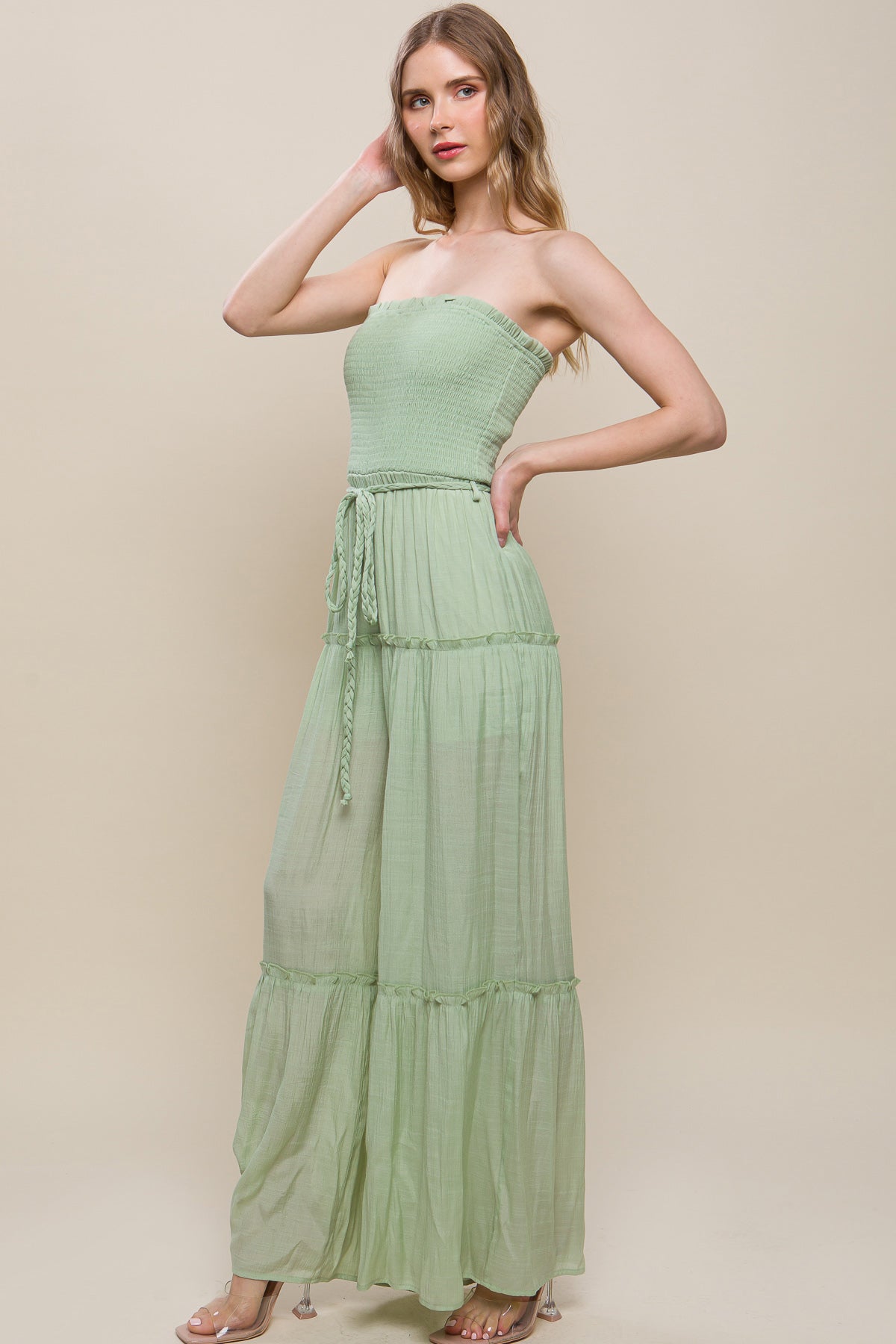 Women's Strapless Woven Solid Sleeveless Top Smocked Ruffle Jumpsuit - Celery