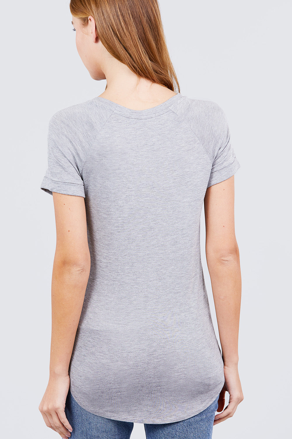 Women's Short Raglan Sleeve Round Neck Rayon Dolphin Hem T-Shirt Top - Grey