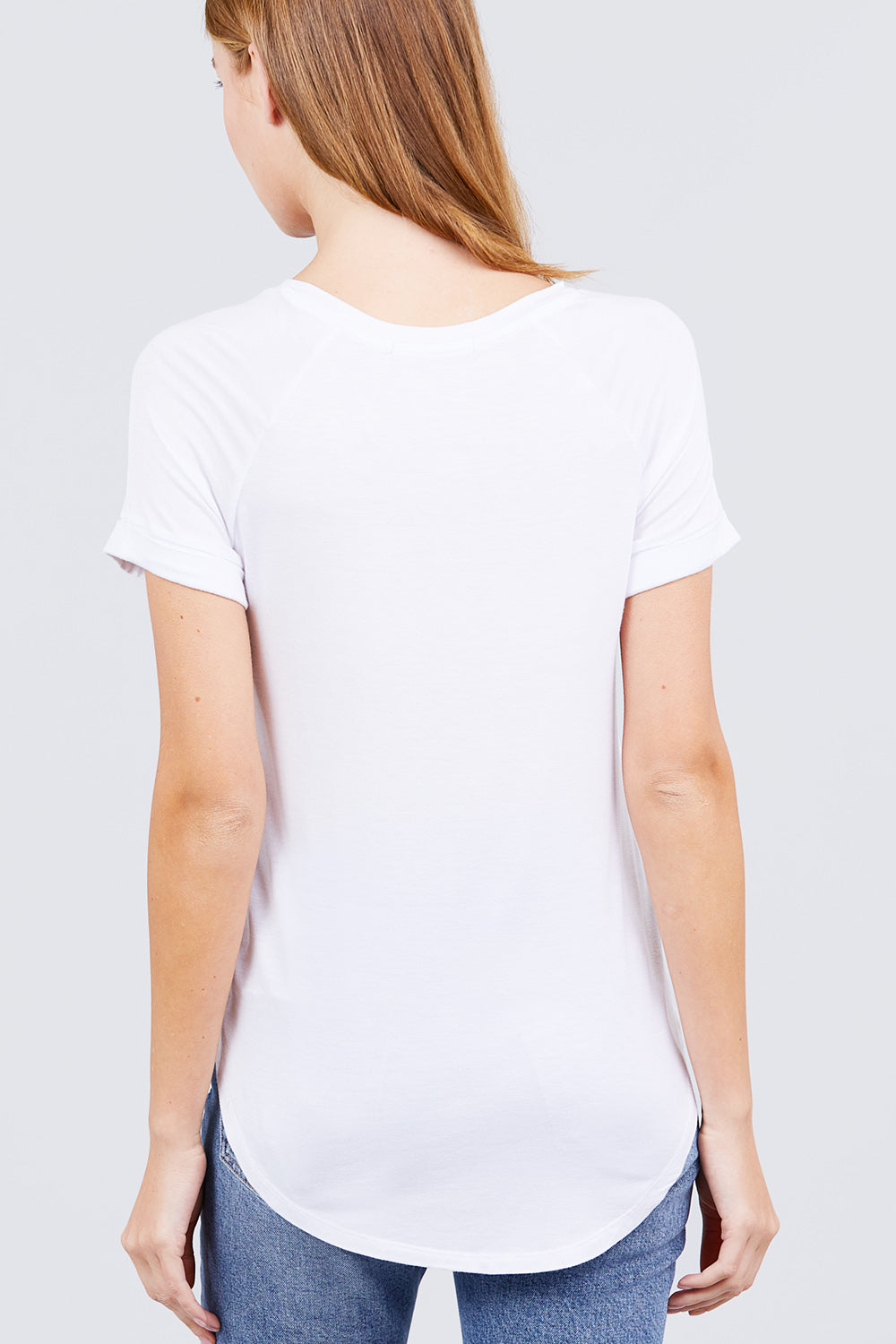 Women's Short Raglan Sleeve Round Neck Rayon Dolphin Hem T-Shirt Top - Off White