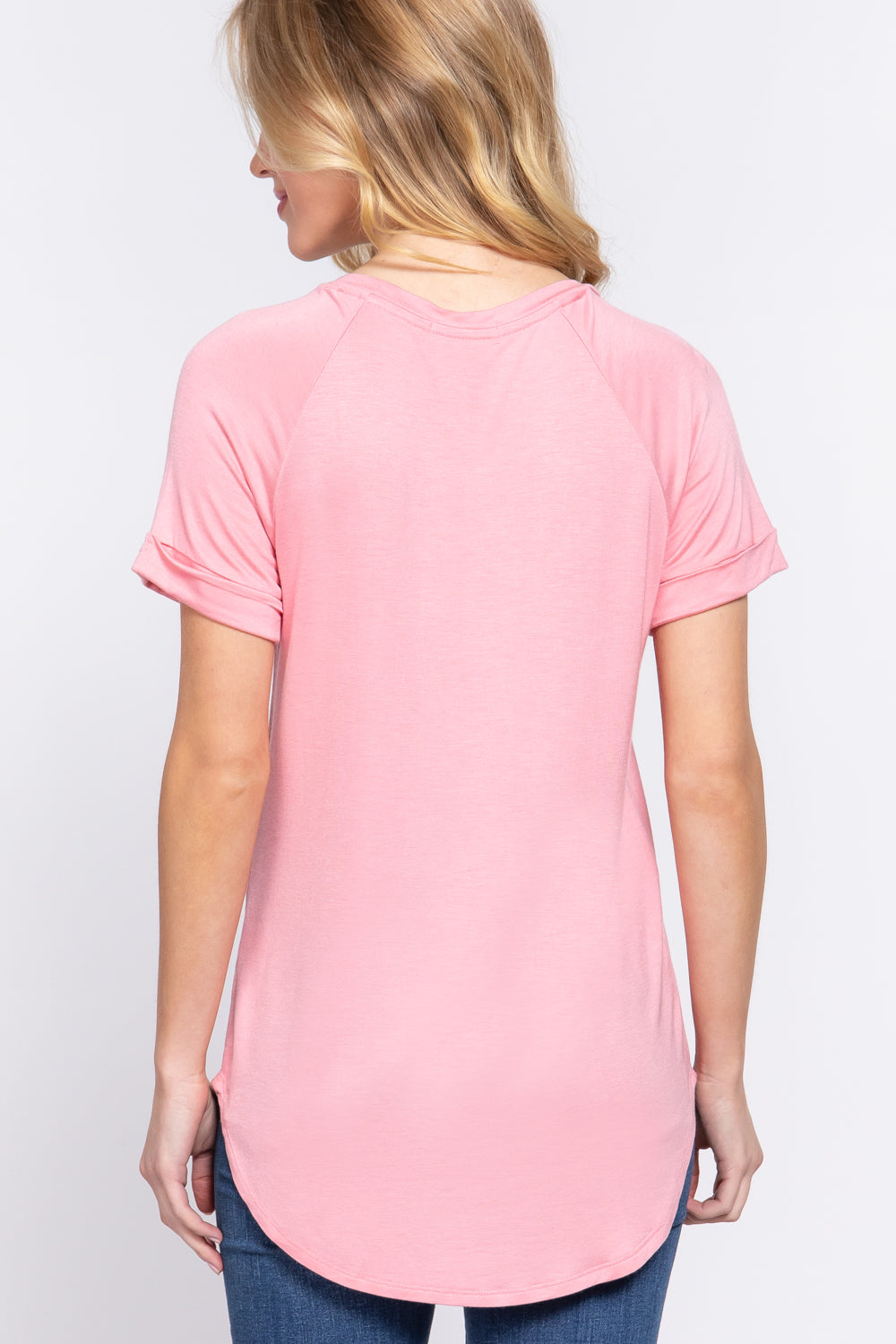 Women's Short Raglan Sleeve Round Neck Rayon Dolphin Hem T-Shirt Top - Pink