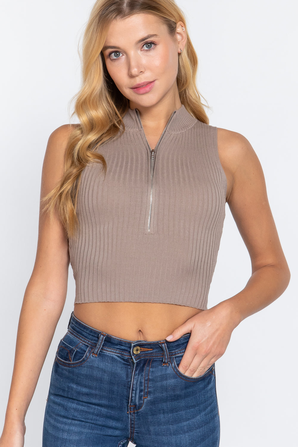 Women's Sleeveless Mock Neck Rayon Sweater Top Zip Rib Stretchy Cropped Fitted