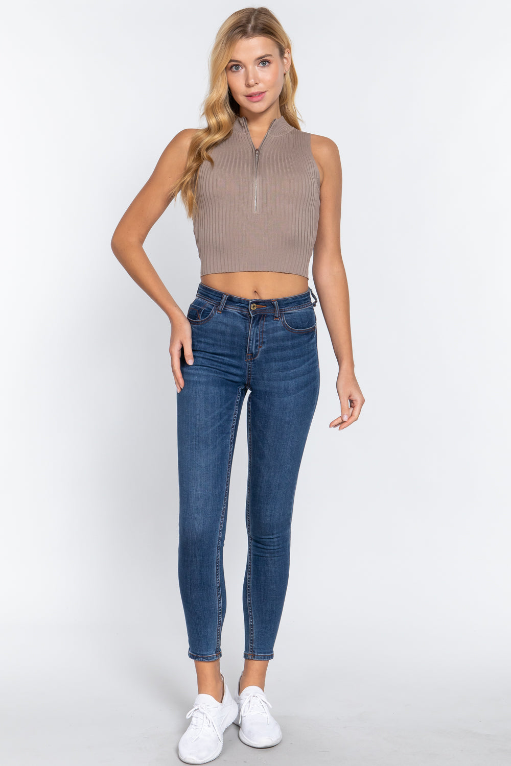 Women's Sleeveless Mock Neck Rayon Sweater Top Zip Rib Stretchy Cropped Fitted