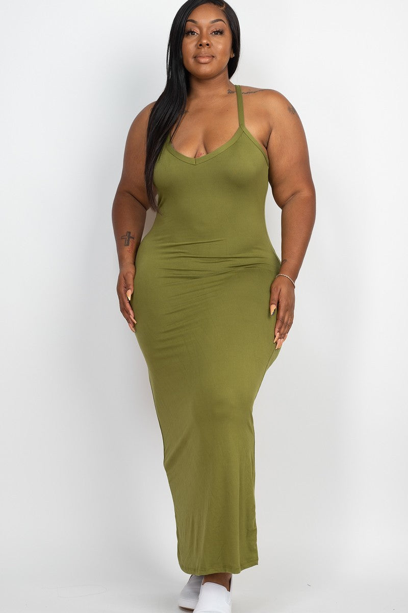 Women's Plus V-neck Racer Back Sleeveless Soft Stretchy Maxi Long Dress - Olive