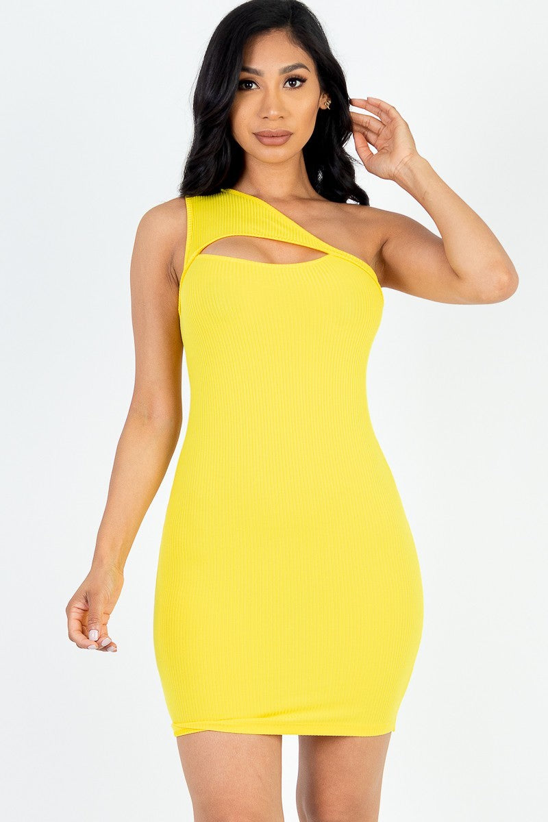 Women's Ribbed One Shoulder Mini Bodycon Dress Cutout Front Soft Stretch Top