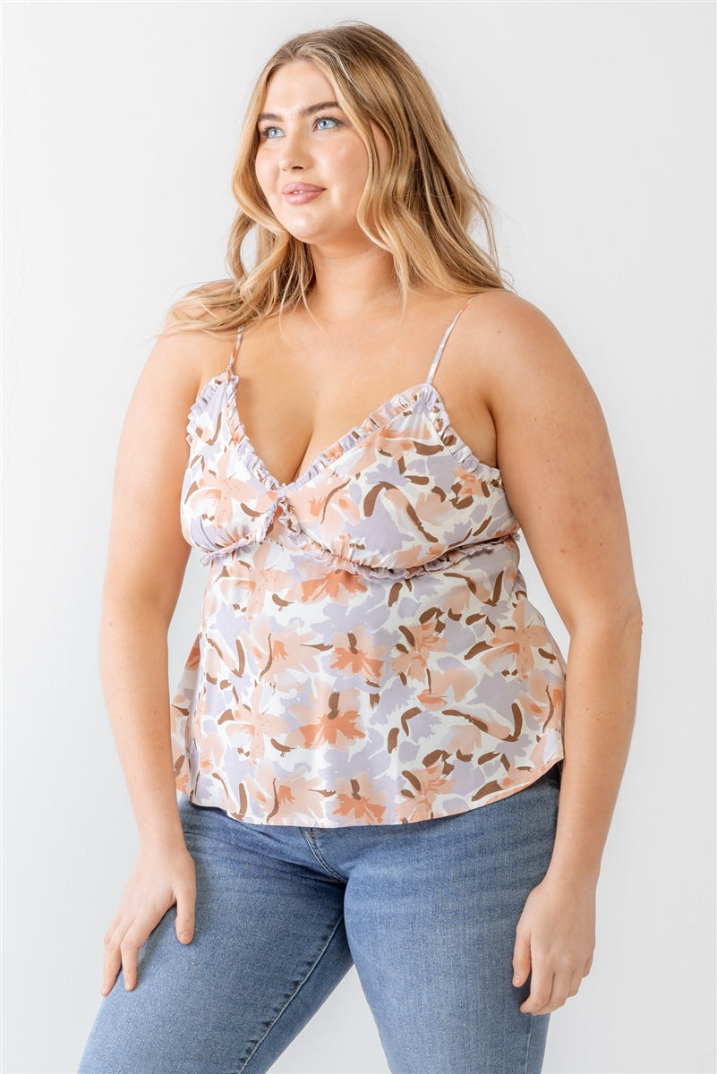 Womens Floral Print Woven Ruffle Sleeveless Back Zipper Tank Top (1XL.2XL.3XL)
