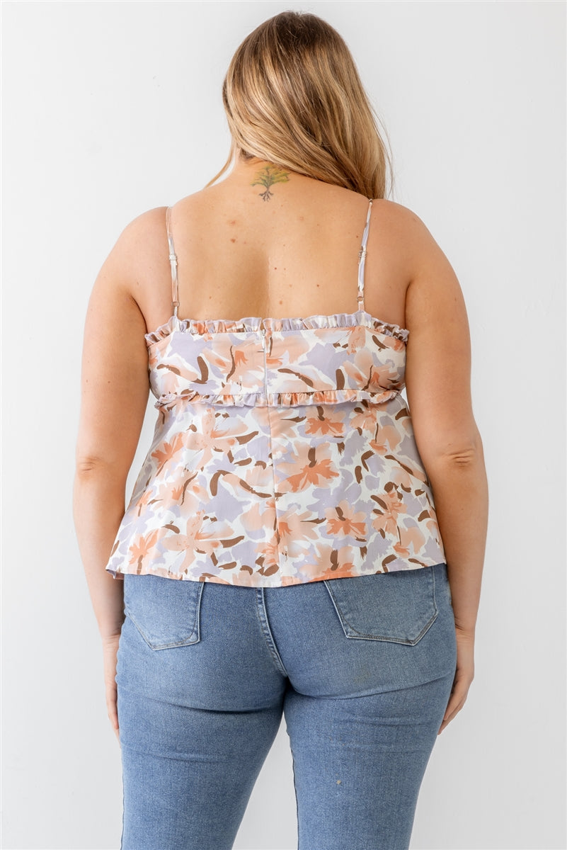 Womens Floral Print Woven Ruffle Sleeveless Back Zipper Tank Top (1XL.2XL.3XL)