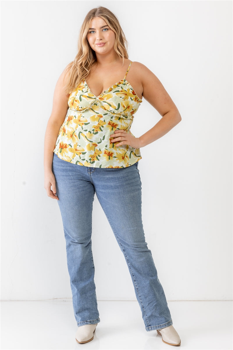 Womens Floral Print Woven Ruffle Sleeveless Back Zipper Tank Top (1XL.2XL.3XL)