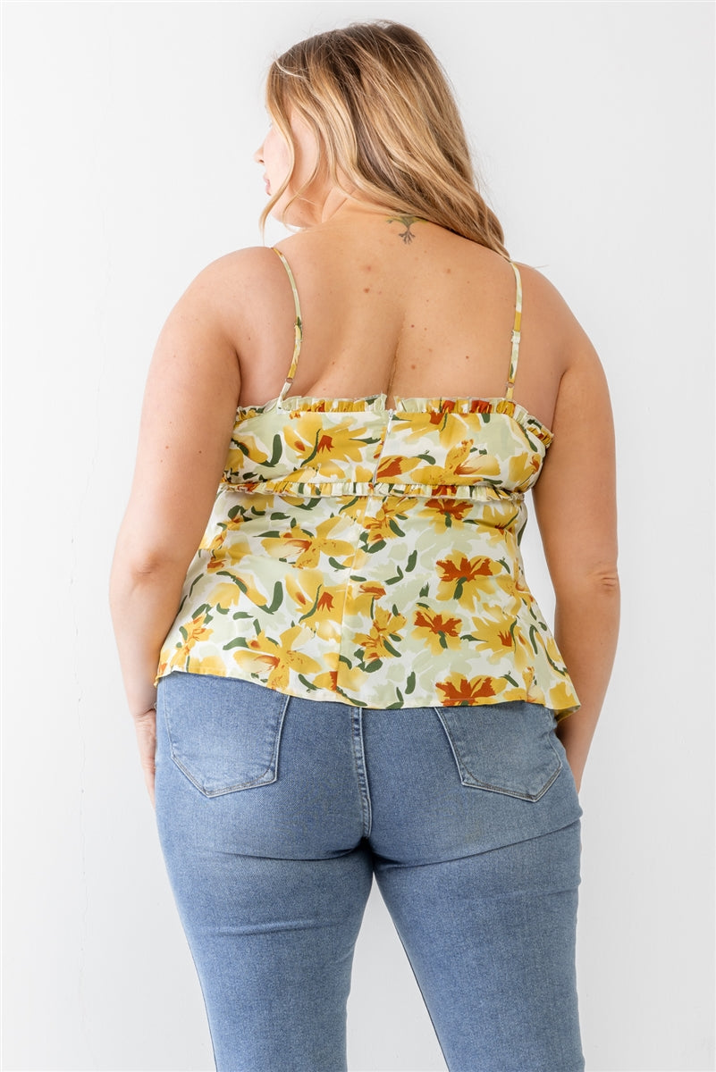 Womens Floral Print Woven Ruffle Sleeveless Back Zipper Tank Top (1XL.2XL.3XL)