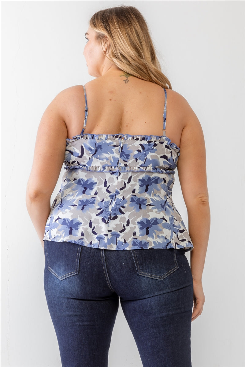 Womens Floral Print Woven Ruffle Sleeveless Back Zipper Tank Top (1XL.2XL.3XL)