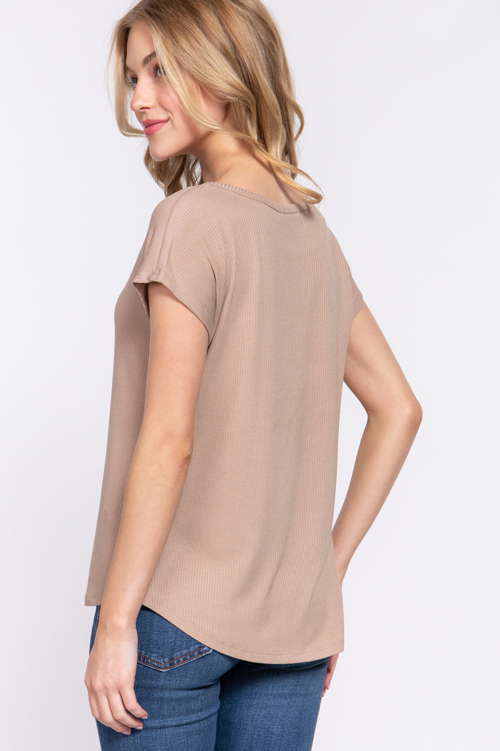 Women's Short Dolman Sleeve Round Neck Rayon T-Shirt Rib Knit Top - Khaki