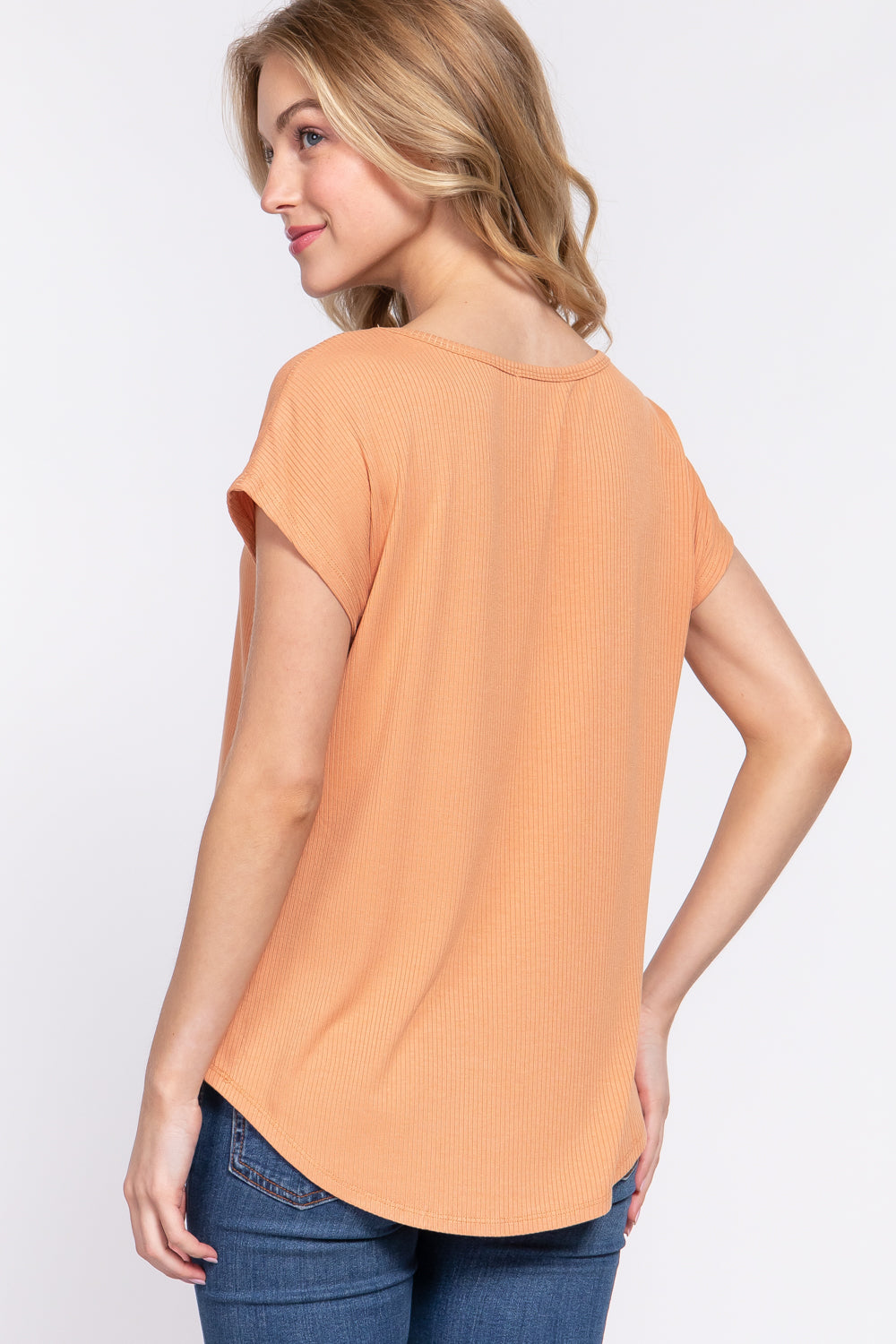 Women Short Dolman Sleeve Round Neck Rayon T-Shirt Rib Knit Top - Apricot Yellow