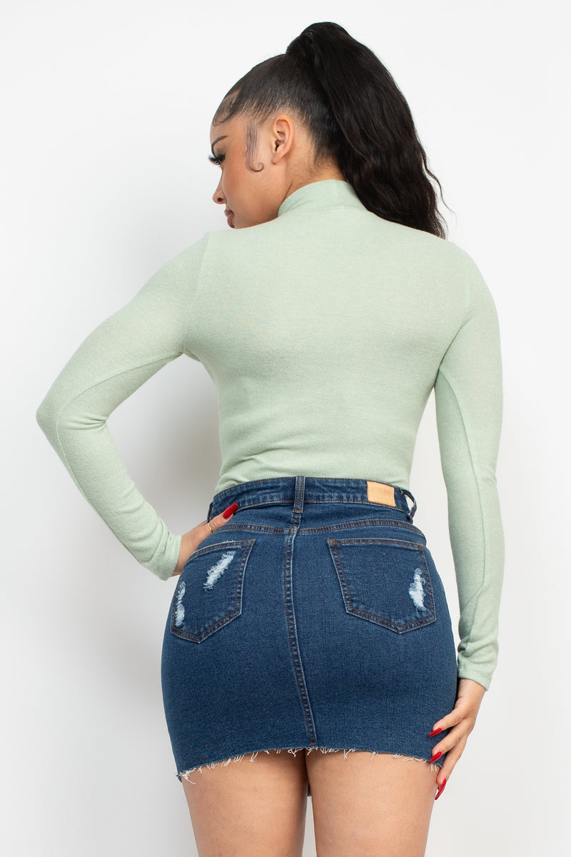 Women's Mock Neck Rayon Soft T-Shirt Long Sleeve Top Fitted Tee - Mint Green