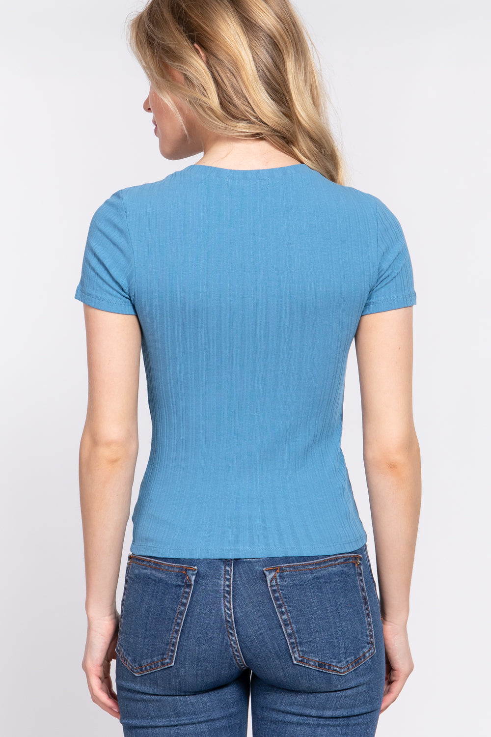 Women's Short Sleeve Crew Neck T-shirt Variegated Rib Knit Top Tee - Blue