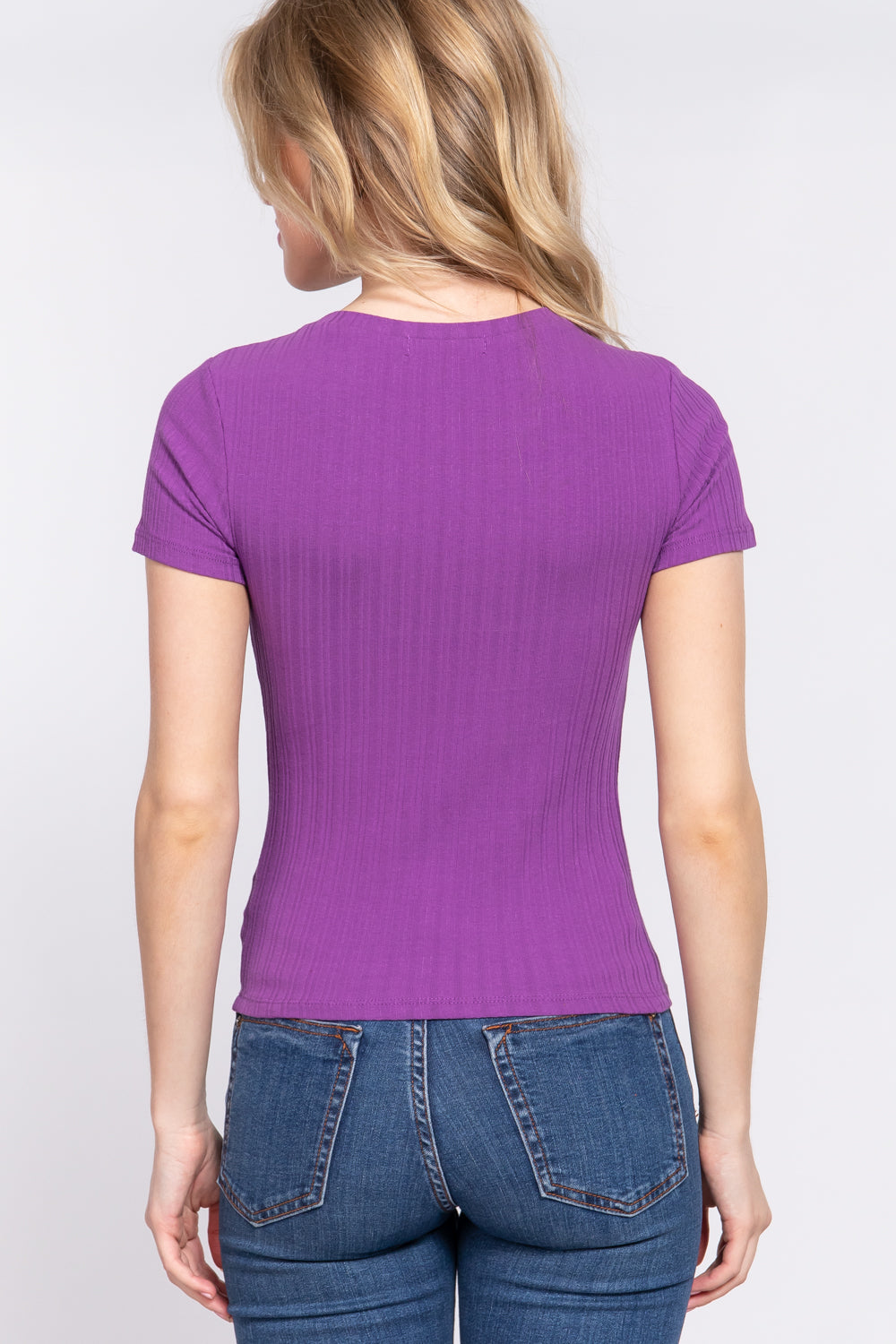 Women's Short Sleeve Crew Neck T-shirt Variegated Rib Knit Top Tee - Purple