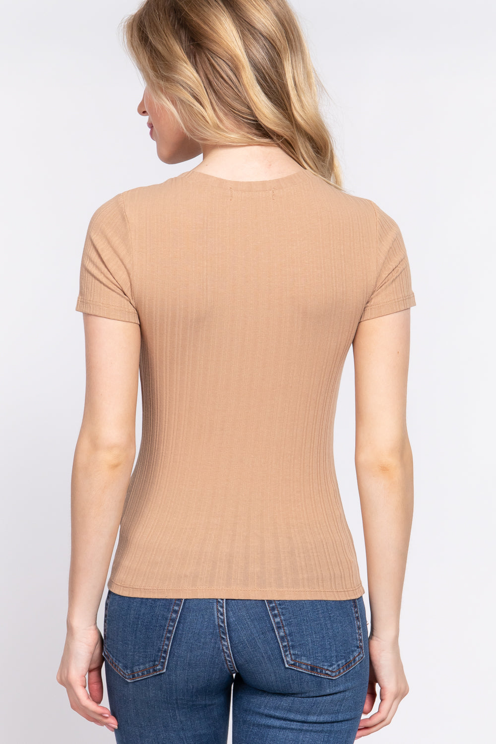 Women's Short Sleeve Crew Neck T-shirt Variegated Rib Knit Top Tee - Sand Khaki