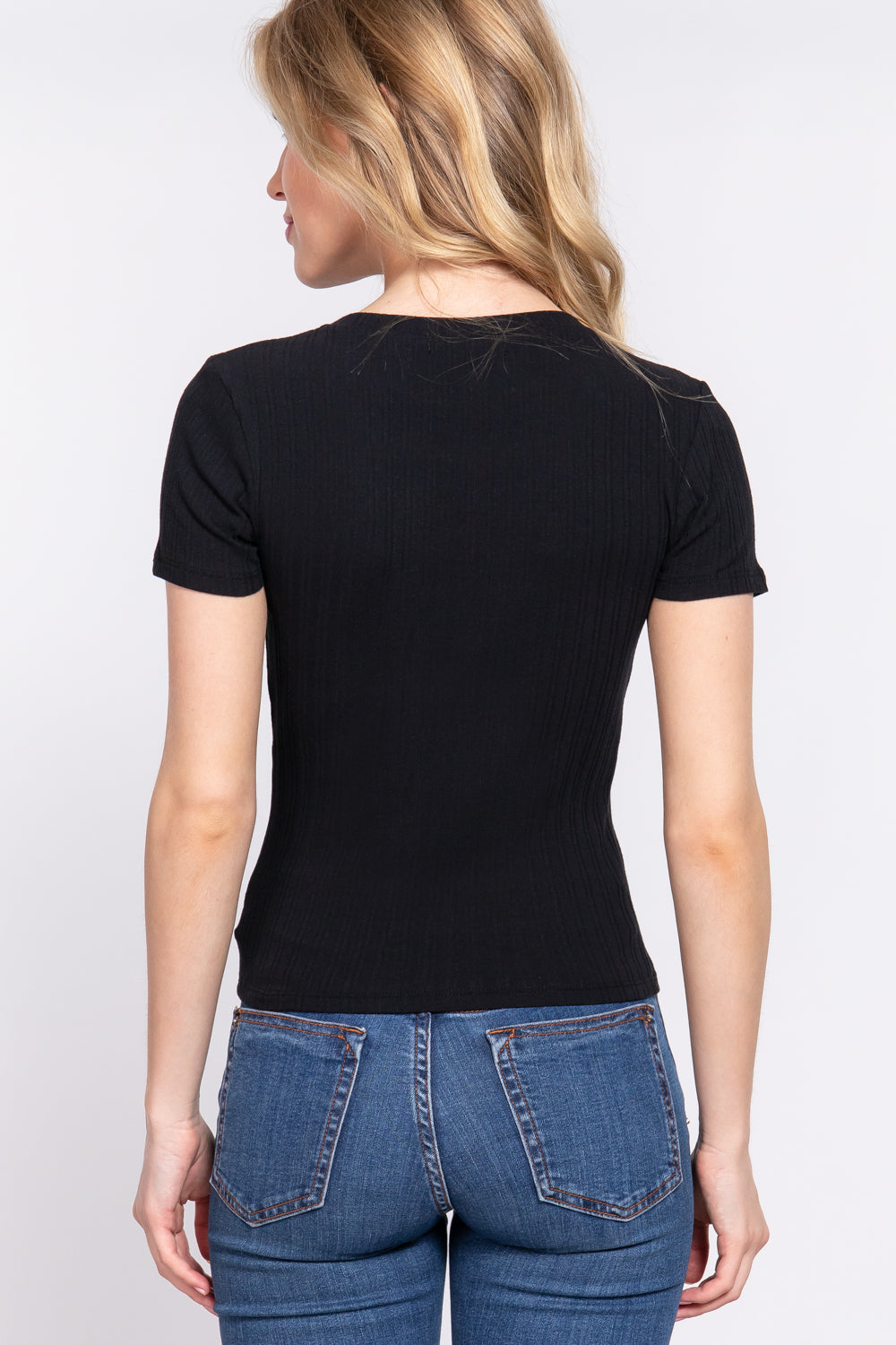 Women's Short Sleeve Crew Neck T-shirt Variegated Rib Knit Top Tee - Black