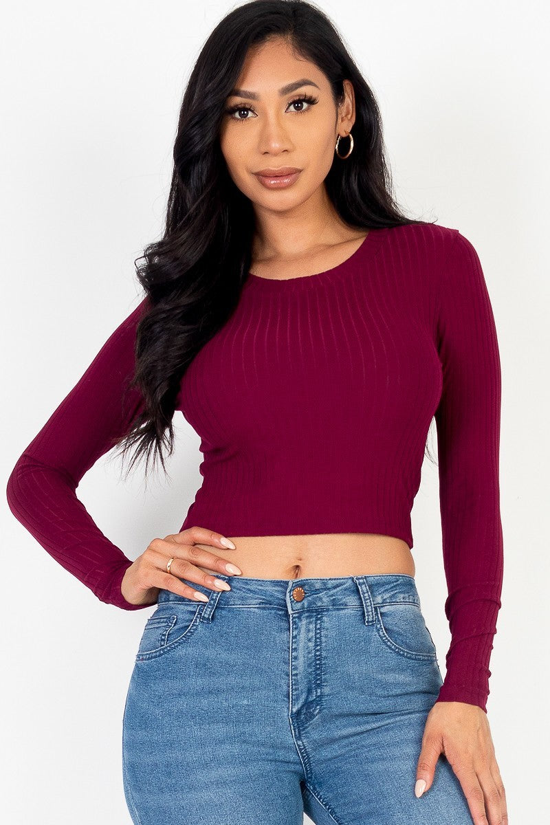 Women's Long Sleeve Round Neck Cropped Top T-Shirt Stretchy Rib Knit - Burgundy