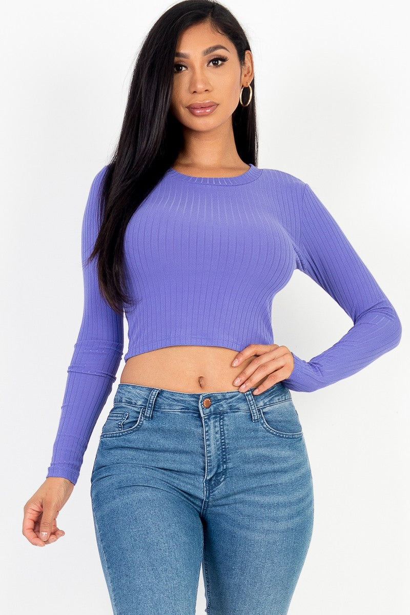 Women's Long Sleeve Round Neck Cropped Top T-Shirt Stretchy Rib Knit - Violet