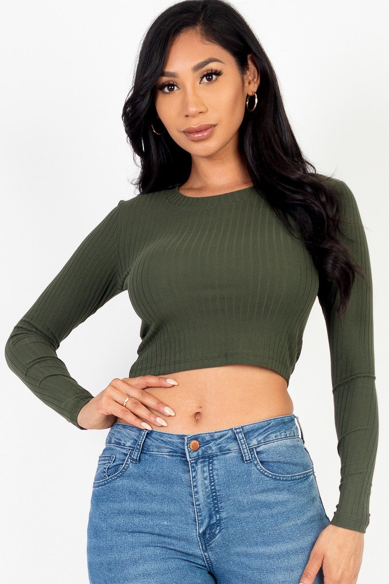 Women Long Sleeve Round Neck Cropped Top T-Shirt Stretchy Rib Knit - Olive Green