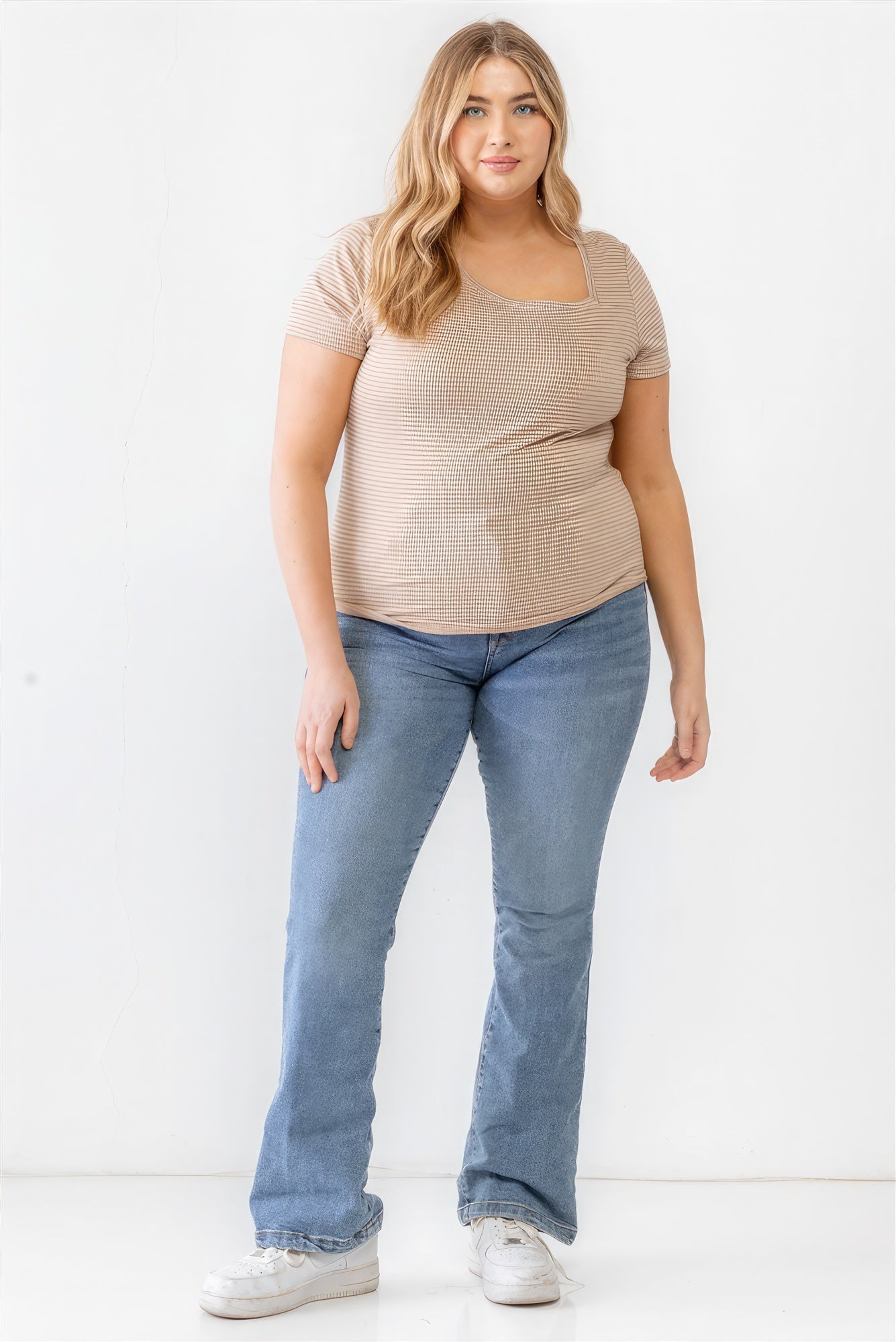 Womens Plus Taupe Waffle Knit Angled Neck Short Sleeve Top (1XL.2XL.3XL)