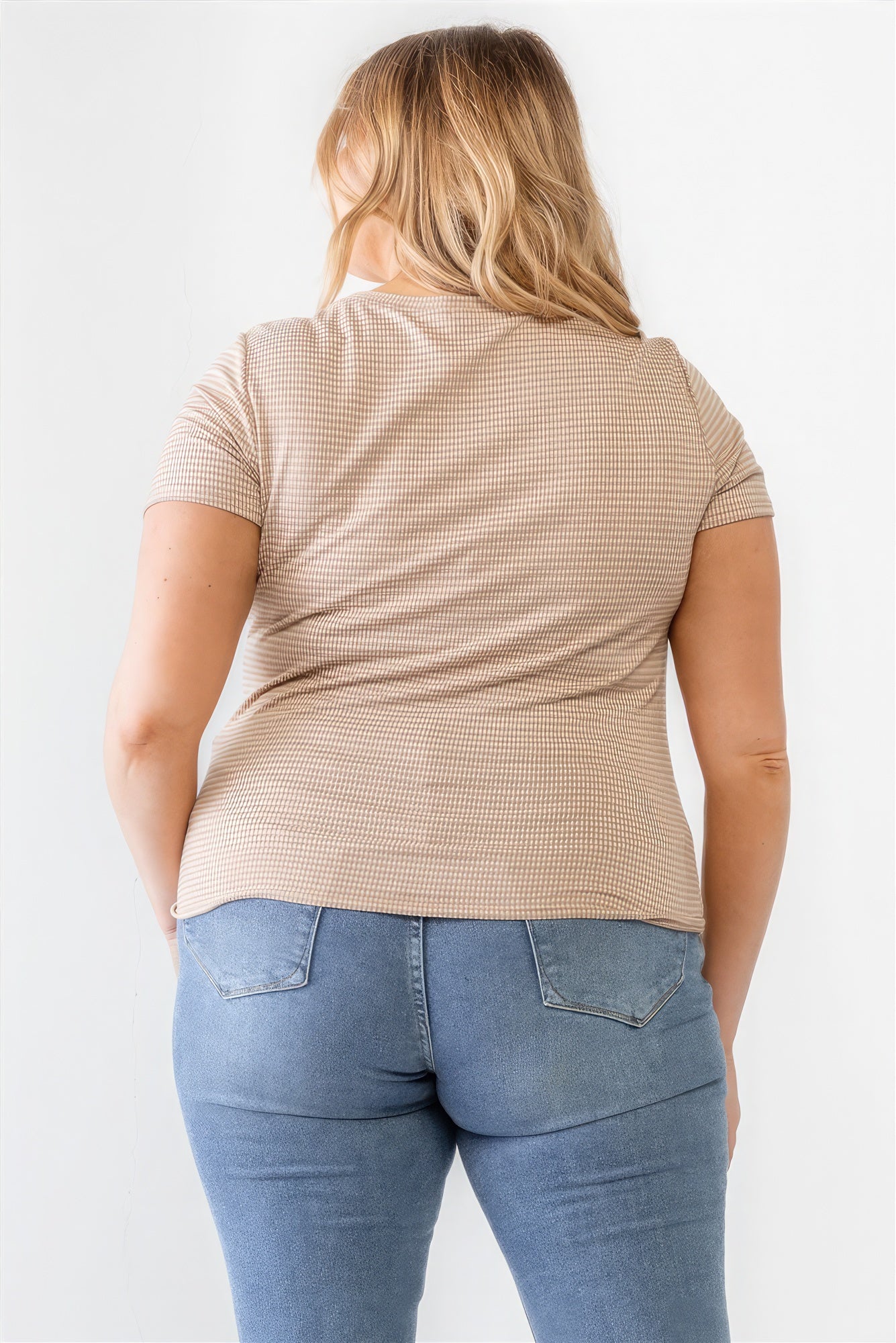 Womens Plus Taupe Waffle Knit Angled Neck Short Sleeve Top (1XL.2XL.3XL)