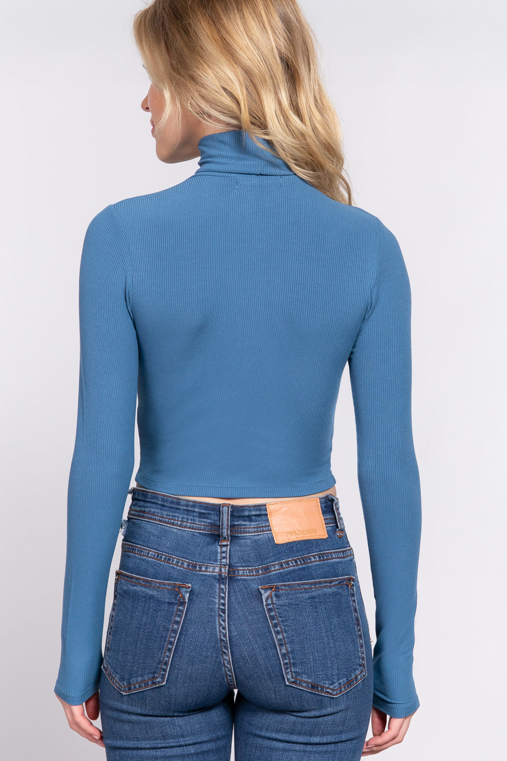 Women's Long Sleeve Turtle Neck Rayon T-Shirt Rib Crop Knit Top - Deep Blue