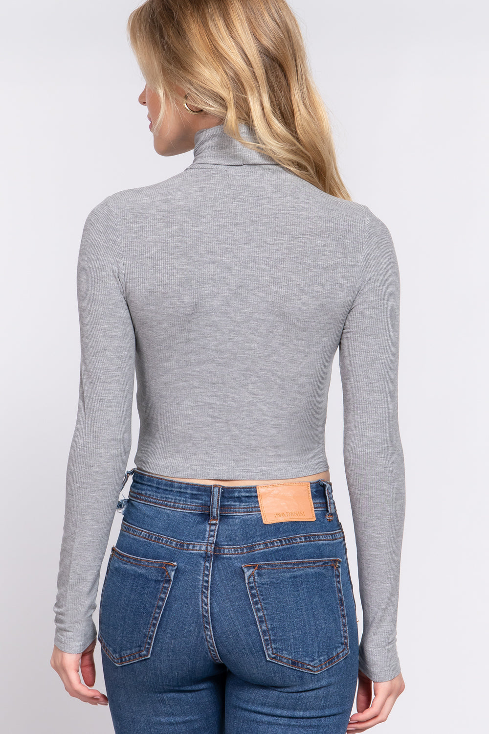 Women's Long Sleeve Turtle Neck Rayon T-Shirt Rib Crop Knit Top - Heather Grey