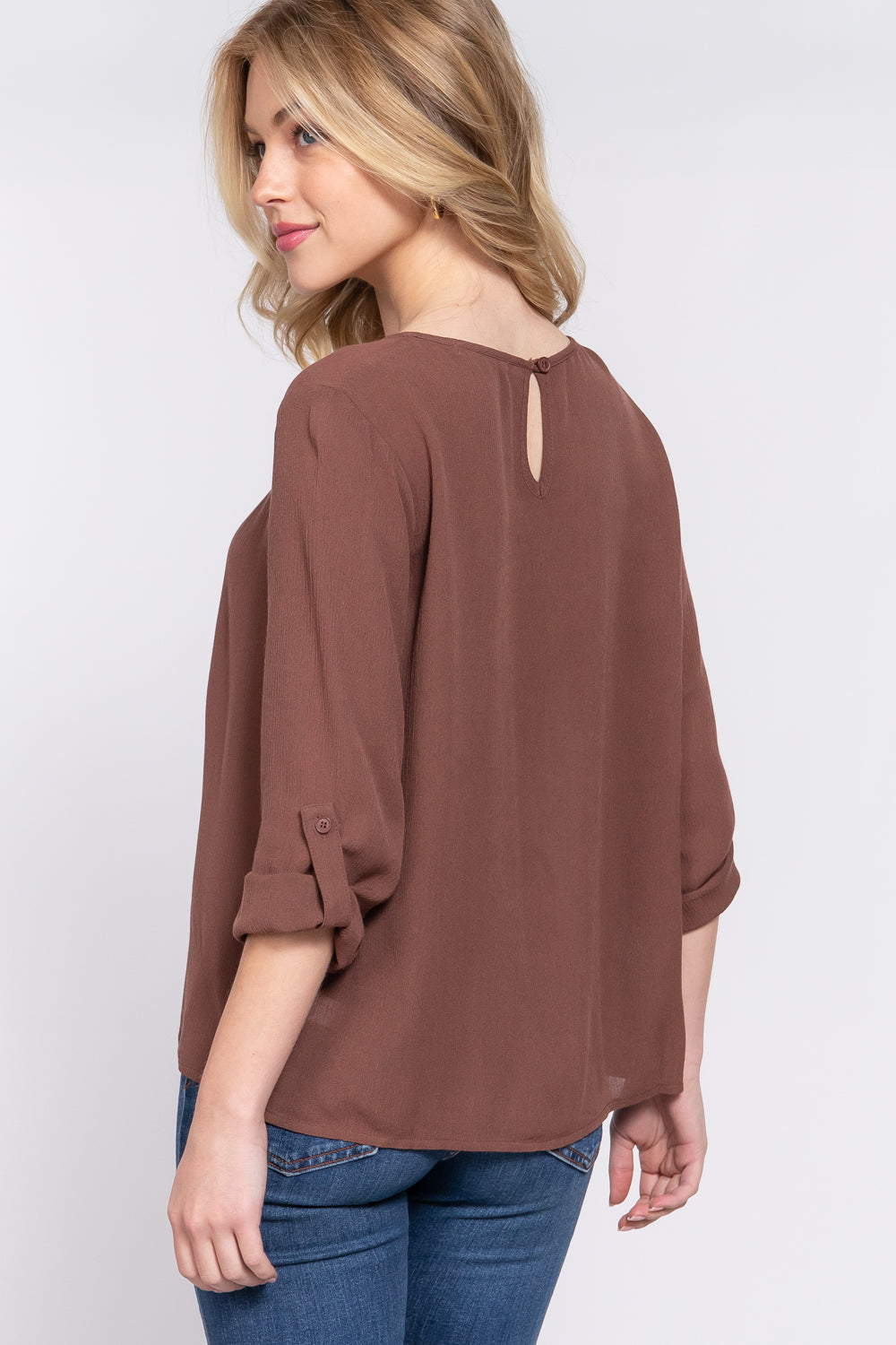 Women's 3/4 Roll Up Sleeve Round Neck Pleated Top Rayon Shirt Blouse - Brown