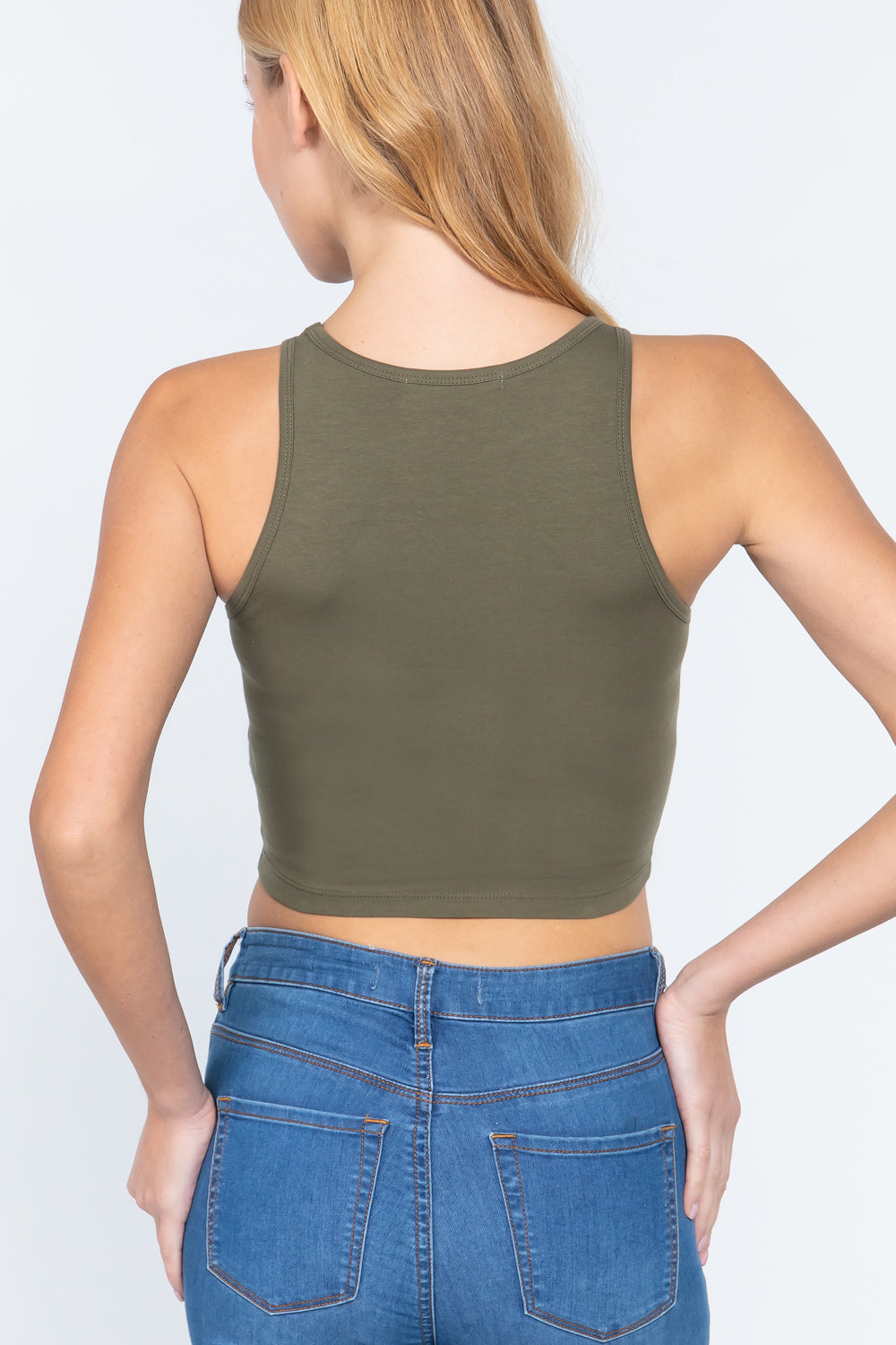 Women's Halter Neck Cropped Tank Top Casual Sleeveless - Olive Green
