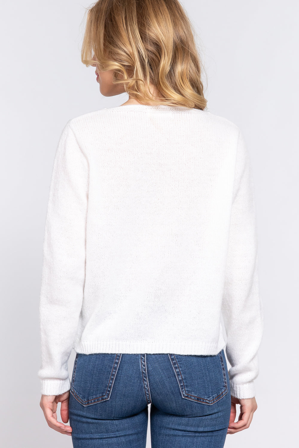 Long Sleeve X Strap V-neck Pullover Soft Sweater - Off White