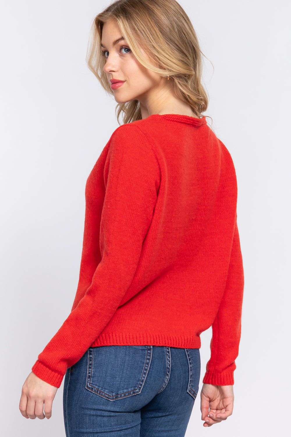 Long Sleeve X Strap V-neck Pullover Soft Sweater - Orange