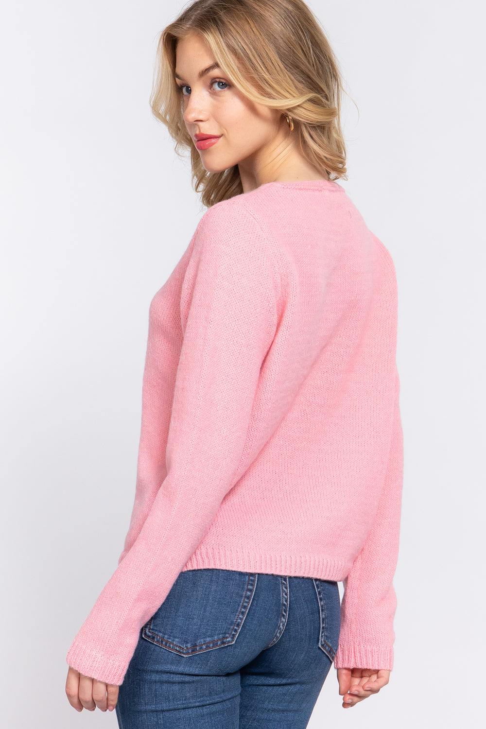 Long Sleeve X Strap V-neck Pullover Soft Sweater - Pink