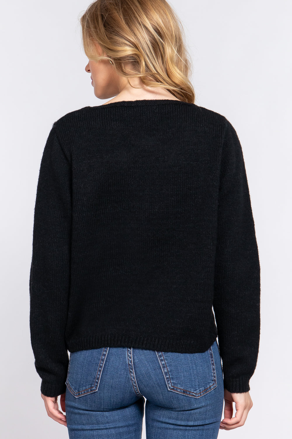 Long Sleeve X Strap V-neck Pullover Soft Sweater - Black