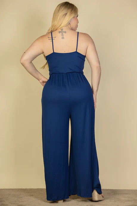 Women Scoop Neck Cami Jumpsuit Sleeveless Wide Leg Button Soft Lounge (1X,2X,3X)