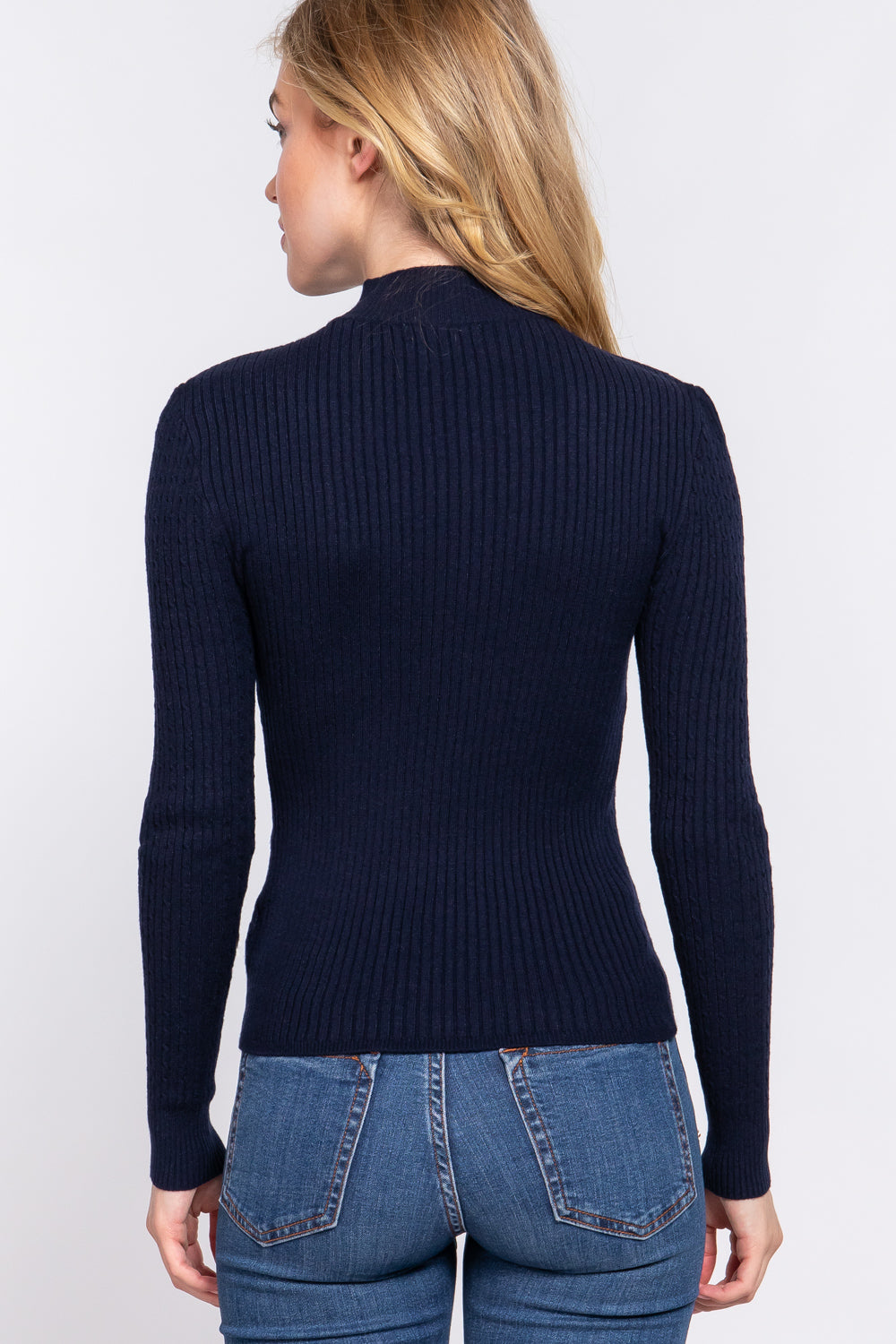 Women's Long Sleeve Mock Neck Rib Soft Sweater - Ink Navy