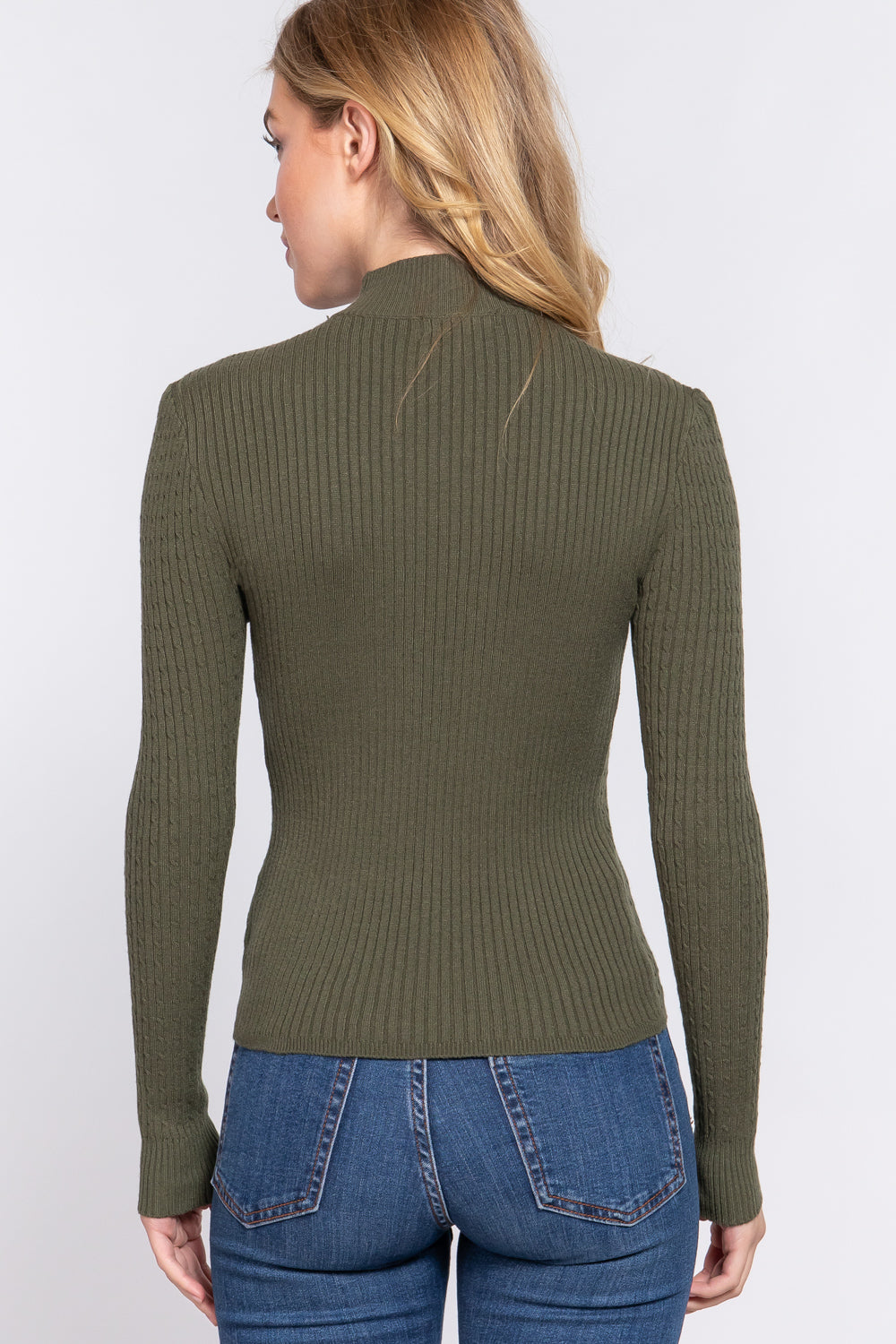 Women's Long Sleeve Mock Neck Rib Soft Sweater - Olive Green