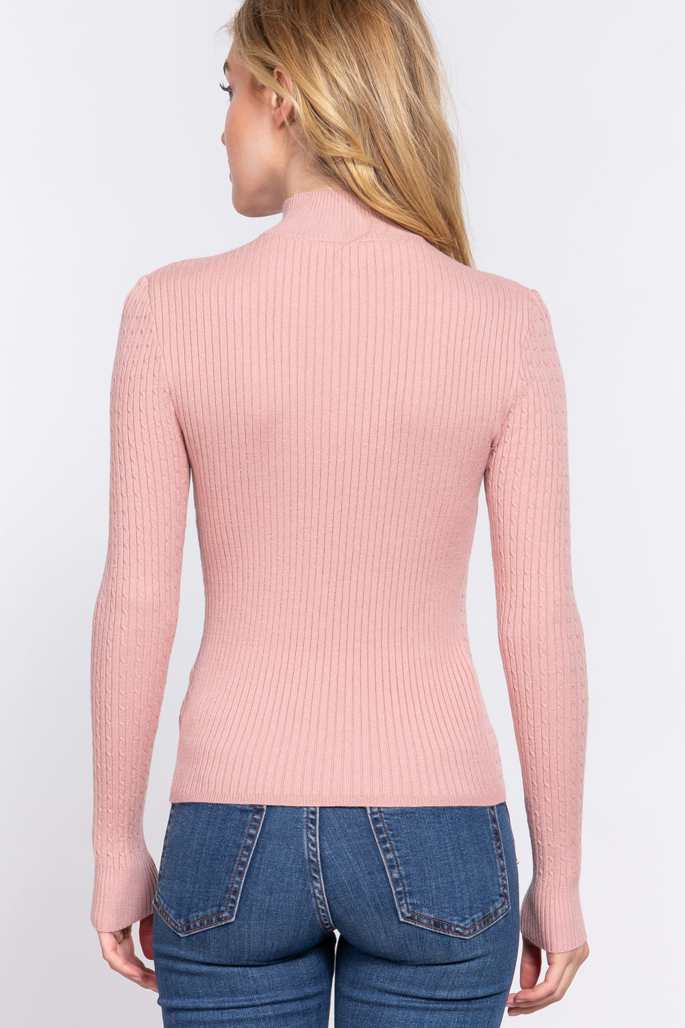 Women's Long Sleeve Mock Neck Rib Soft Sweater - Pink