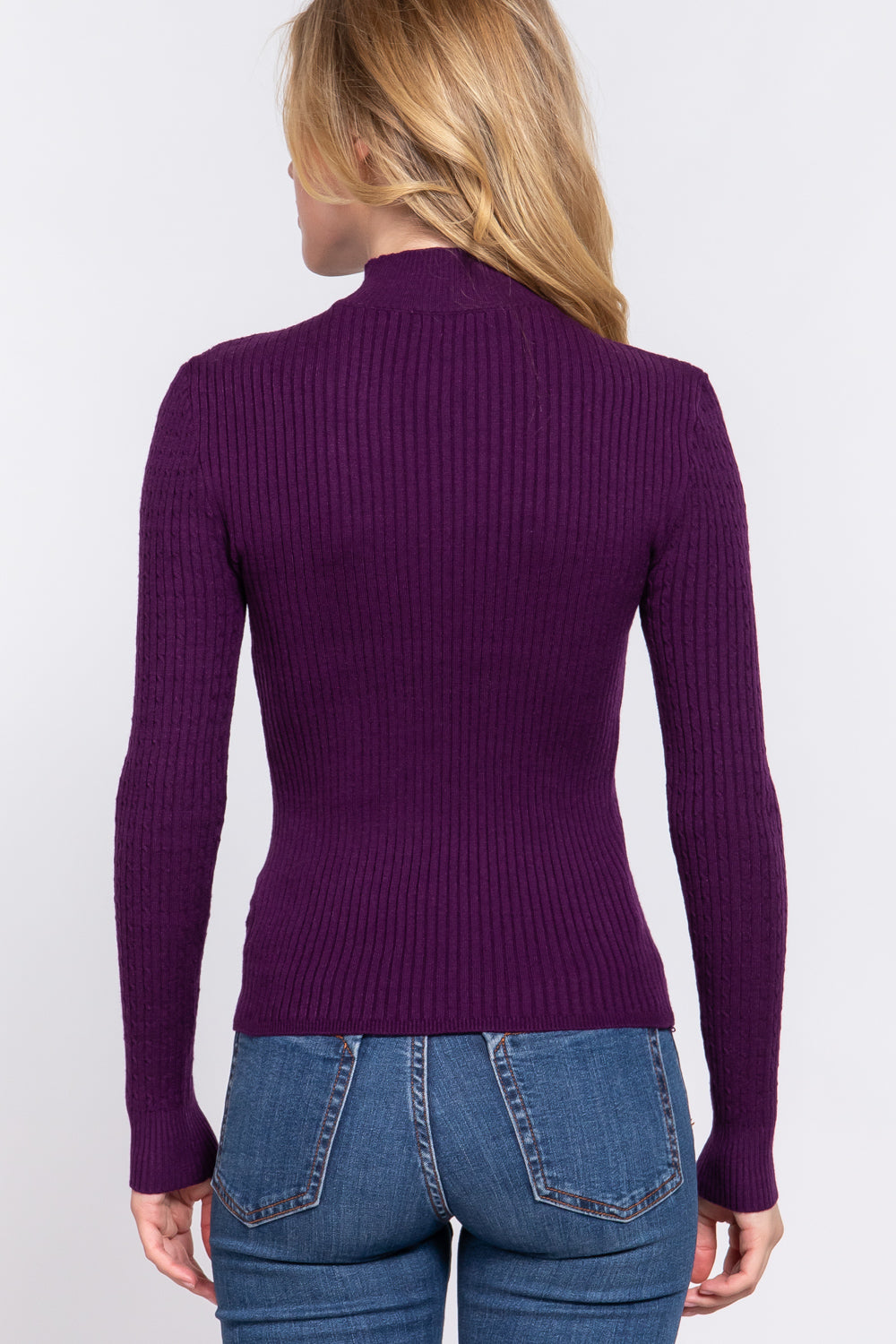 Women's Long Sleeve Mock Neck Rib Soft Sweater - Purple