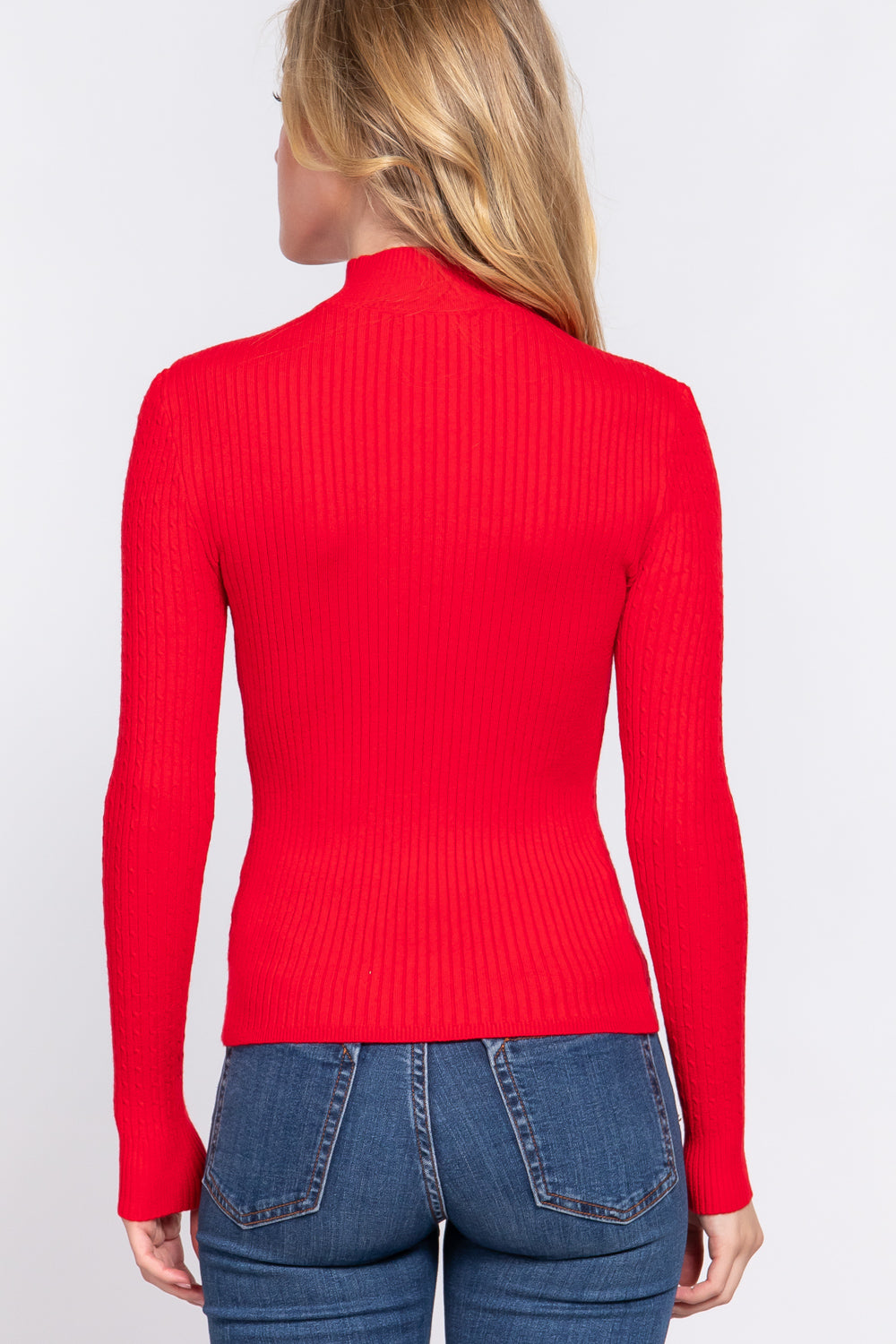 Women's Long Sleeve Mock Neck Rib Soft Sweater - Red
