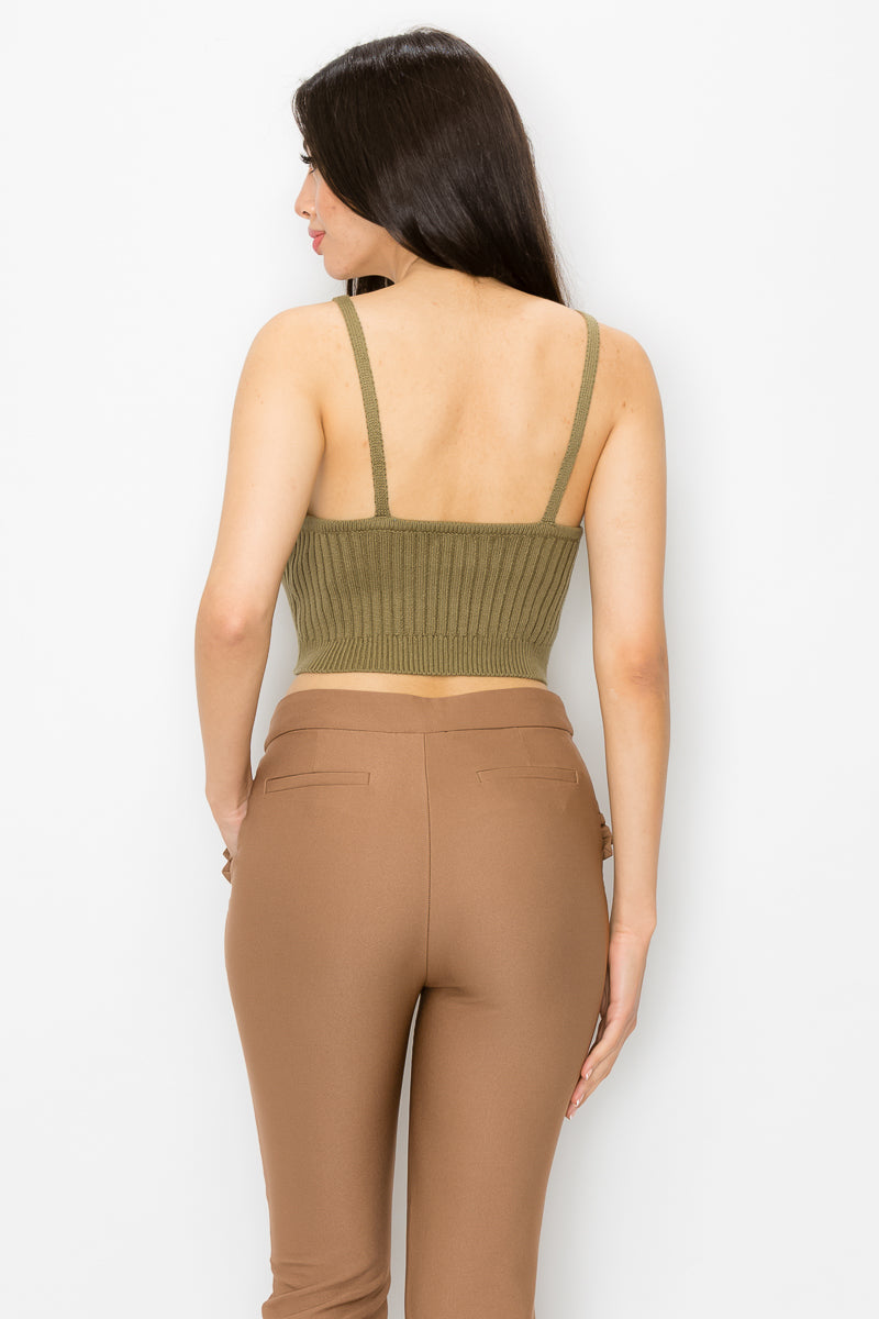 Women Scoop Neck Sweater Knit Rib Cami Strap Cropped Hem Tank Top - Olive Green