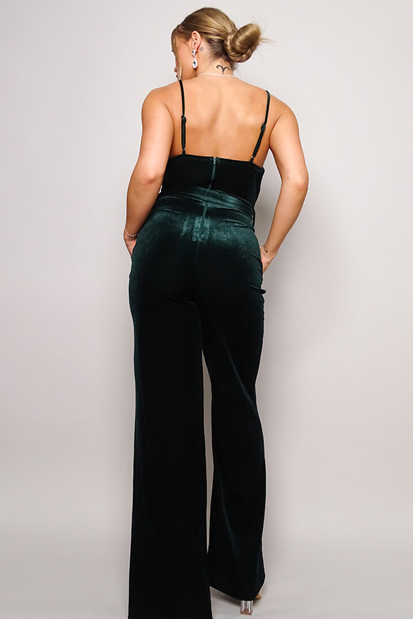 Women's V-Neck Velvet Jumpsuit Crossover Front Rhinestone Belt Pockets Playsuit